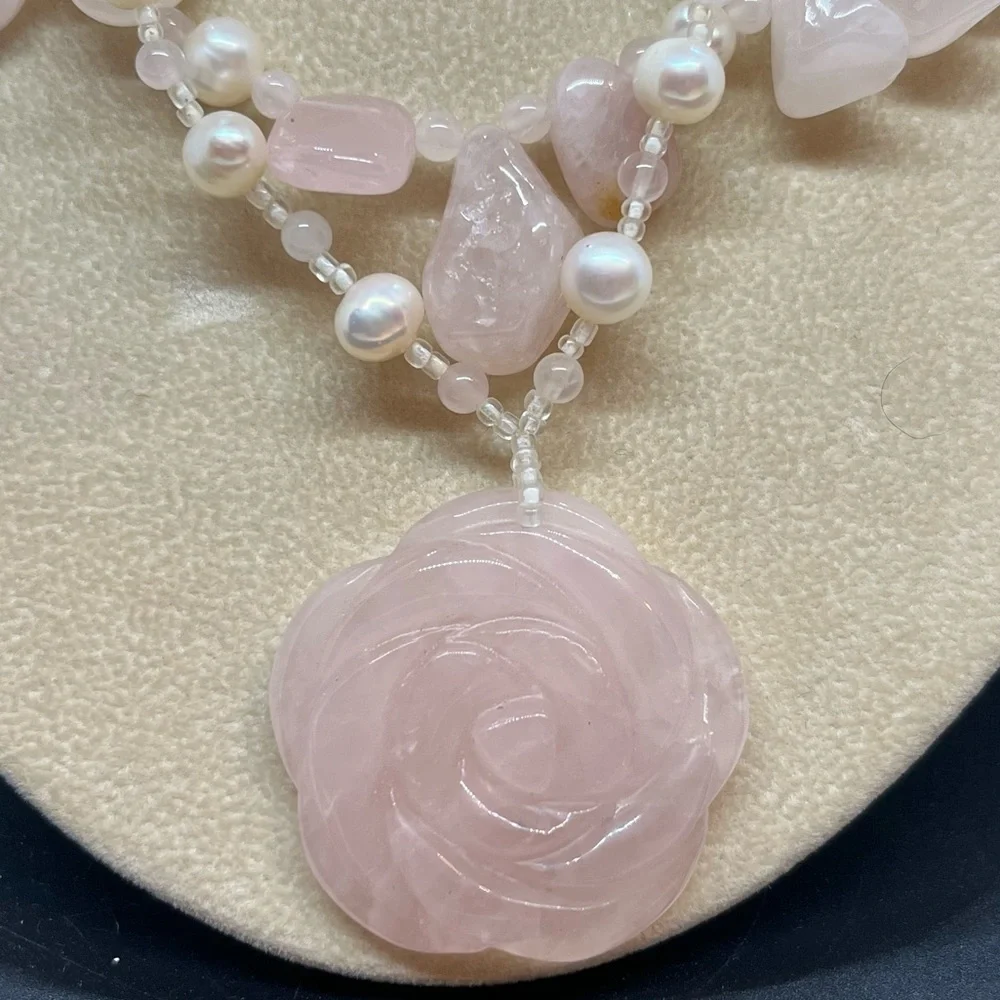 Rose Quartz and Pearl 3 in 1 Adjustable Necklace 22 inches